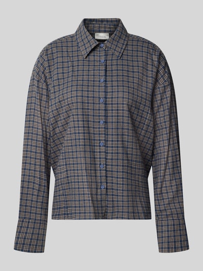Produktfoto, Bluse mit Kentkragen Modell 'Lennie' von My Essential Wardrobe, bawełna, pudełkowy krój, listwa guzikowa, granatowo-brązowa kratka