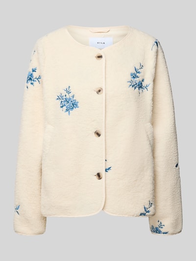 Produktfoto, cremefarbene Fleecejacke mit blauen Stitchings, Rundhalsausschnitt, Knopfleiste, Modell 'VIADA' von Vila, Regular Fit, strukturierte Textur