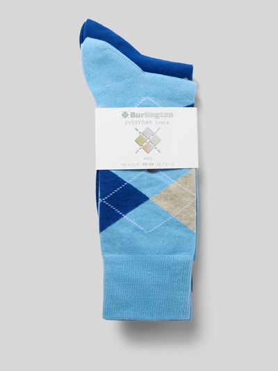 Produktfoto, Socken mit Label-Applikation Modell 'Everyday' im 2er-Pack von Burlington, Baumwoll-Mix, Rippbündchen, Label-Print, blaue Farbtöne, Karomuster