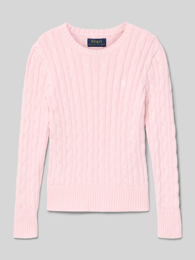 Produktfoto, Regular Fit Pullover aus reiner Baumwolle von Polo Ralph Lauren Teens, Optik: Unifarben, Zopfmuster, Logo-Stitching, Rundhals, Langarm, Strick, rosa Farbe, gerippte Abschlüsse.