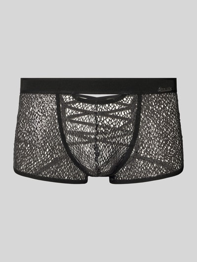 Produktfoto, Trunks mit Label-Detail Modell 'Night Universe' von WOH, schwarz, semitransparentes Netzdesign, elastischer Bund, Rückenschnürung