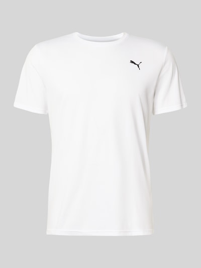 Produktfoto, weißes T-Shirt mit Logo und Rundhalsausschnitt von PUMA PERFORMANCE, Regular Fit, glatte Struktur, Rückenlänge 70 cm bei Größe M