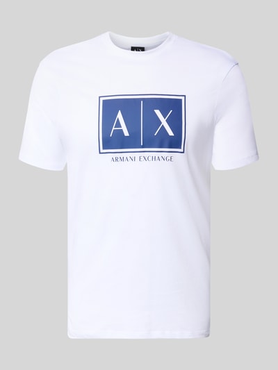 Produktfoto, T-Shirt mit Logo und Rundhalsausschnitt von ARMANI EXCHANGE in Weiß und Blau, Reine Baumwolle, Regular-Fit, Rückenlänge 71 cm bei Größe M.