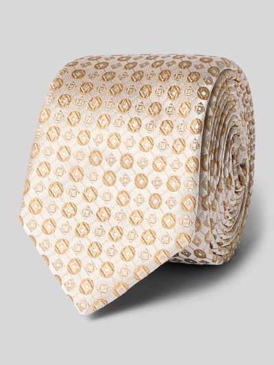 Produktfoto, Seiden-Mix Krawatte von BOSS in Beige mit goldfarbenem Allover-Print, glatte Textur, unifarbene Optik.
