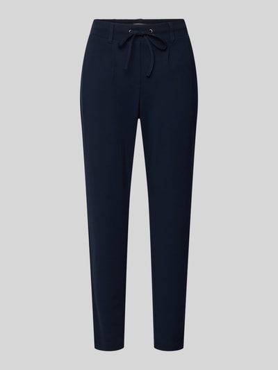 Produktfoto, Easy Pants mit Bundfalten von TOM TAILOR in Dunkelblau, Viskosemischung mit Stretch-Anteil, Tunnelzug, elastischer Bund, schmal zulaufendes Bein, französische Eingrifftaschen, Zierleiste am Gesäß, glatte Textur