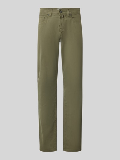 Produktfoto, Straight Fit Jeans aus elastischem Baumwoll-Mix Modell 'Lyon' von Pierre Cardin, kolor oliwkowy, 5 kieszeni, szlufki na pasek, zapięcie na guzik i zamek błyskawiczny, Szerokość w rozmiarze 32/34: 41 cm, Długość wewnętrzna nogawki w rozmiarze 32/34: 86 cm, mieszanka bawełny i elastanu