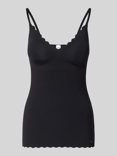 Produktfoto, czarne Unterhemd mit herausnehmbaren Pads von Skiny z elastycznym materiałem, dopasowany krój, falowany brzeg, regulowane ramiączka