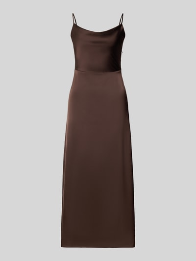Produktfoto, avondjurk van satijn model 'RAVENNA' van VILA, recht model, midi-jurk, cascadehals, spaghettibandjes, gladde bruine stof
