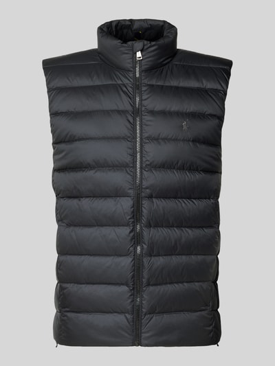 Produktfoto, schwarze Regular Fit Daunenweste mit Logo-Stitching von Polo Ralph Lauren, Stehkragen, Steppstruktur, Reißverschluss, unifarben