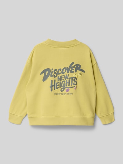 Produktfoto, Sweatshirt mit gerippten Abschlüssen von Mango in Gelb, Baumwollmischung, lockere Passform, Rundhalsausschnitt, Aufdruck auf Rückseite