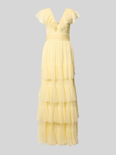 Produktfoto, Maxikleid mit V-Ausschnitt und Taillenband van LACE & BEADS, mesh, A-lijn, laagjeslook, zacht geel, lengte 130 cm, borstwijdte 34 cm