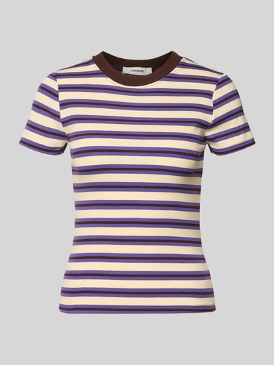 Produktfoto, Slim Fit T-Shirt mit Rundhalsausschnitt Modell 'Sally' von Topshop, Damen T-Shirt aus elastischem Baumwoll-Mix mit Strukturmuster, lila-gelb-weiß gestreift, Rückenlänge bei Größe S 52 cm