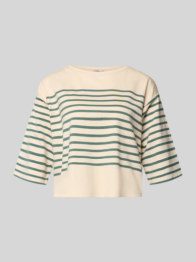 Produktfoto, Boxy Fit T-Shirt mit 3/4-Arm von ROBE LÉGÈRE, Damen T-Shirt im cremefarbenen und grünen Streifenmuster, Baumwoll-Mix mit Modal-Anteil, Rundhalsausschnitt, Rückenlänge in Größe S: 46 cm