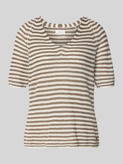Produktfoto, T-Shirt aus Leinen mit V-Ausschnitt von Fynch-Hatton, regular fit, allover-streeppatroon, bruin en wit, pure linnen, dames
