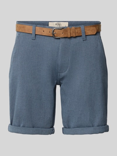 Produktfoto, Bermudas mit Gürtel und Eingrifftaschen Modell 'NEBRASKA' von Redefined Rebel aus blauem Baumwoll-Mix mit Stretch-Anteil, Knopf- und Reißverschluss, Straight Fit, französische Eingrifftaschen, Gesäßleistentaschen, Bundweite 46 cm, Innenbeinlänge 21 cm, strukturierte Oberfläche.