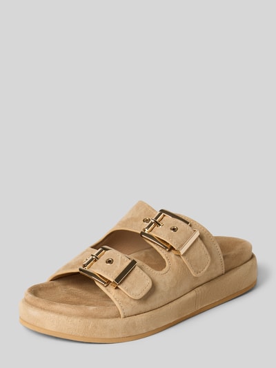 Produktfoto, Sandalette aus Leder mit Gummisohle von ALMA EN PENA in Beige mit goldfarbenen Schnallen, abgerundete Spitze, 5 cm Absatz.