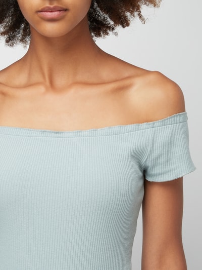 Review Off Shoulder Body mit Rippenstruktur Rauchblau 3