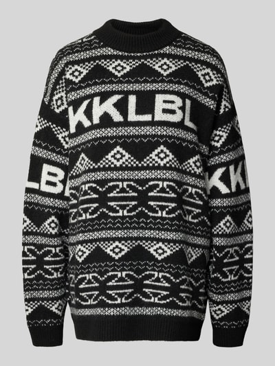 Produktfoto, Jacquard-Strickpullover mit Rundhalsausschnitt von Karo Kauer in Schwarz-Weiß mit Muster, Relaxed Fit, Label-Detail
