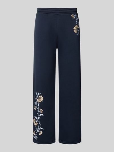 Produktfoto, Straight Fit Sweatpants mit floraler Stickerei von REVIEW in Dunkelblau aus Baumwoll-Mix, elastischer Bund, Eingrifftaschen