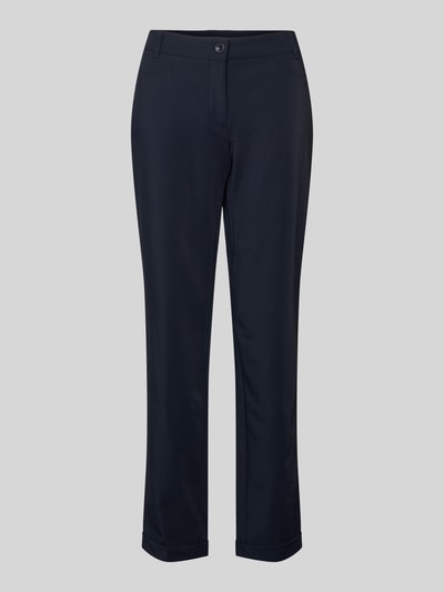 Produktfoto, Chino aus Techno Cotton Superstretch von Raffaello Rossi, Damen Chino mit geradem Schnitt, verkürzte Passform, französische Eingrifftaschen, Gesäßtaschen, Knopf- und Reißverschluss, Material-Mix mit Baumwoll-Anteil, Farbe Dunkelblau, glatte Textur, Innenbeinlänge 76 cm bei Größe 36, Bundweite 41 cm bei Größe 36