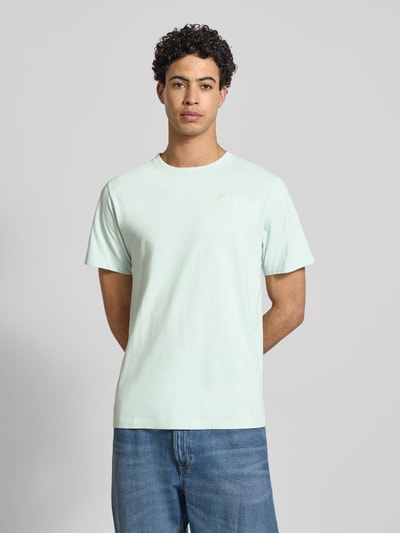 Männermodel trägt Regular Fit T-Shirt aus Baumwoll-Mix Modell 'EVOLUTION' von The North Face in Hellgrün, Ganzkörperansicht von vorne. Herren T-Shirt mit Rundhalsausschnitt, Label-Detail und Rückenlänge bei Größe M: 71 cm.