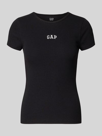 Produktfoto, schwarzes T-Shirt in Ripp-Optik mit Logo von GAP, Baumwoll-Mix mit Modal-Anteil, Slim Fit, Rundhalsausschnitt, 53 cm Rückenlänge