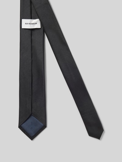 Produktfoto, Seidenkrawatte aus reiner Seide (6 cm) von ROY ROBSON, schwarze Farbe, feines Struktur-Muster, Label-Detail innen, klassische Passform