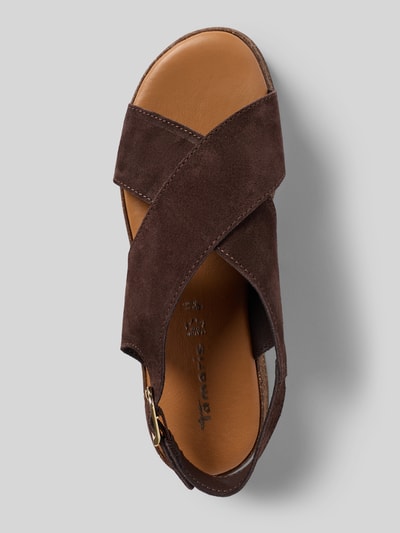 Produktfoto, Sandaletten aus echtem Leder Modell 'CHUNKY SUEDE SANDALE' von Tamaris, brązowy welur, krzyżujące się paski, unifarben, zaokrąglony nosek, podeszwa z bieżnikiem, klamra, detal z logo, skóra naturalna