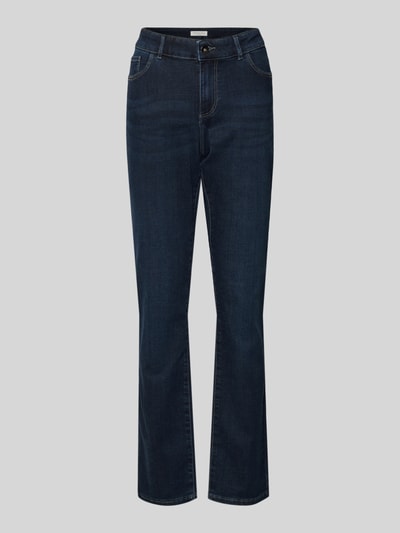 Produktfoto, donkerblauwe Slim Fit Jeans met Stretch-Anteil van Christian Berg Woman, 5-pocket, katoenmix, knoop- en ritssluiting.