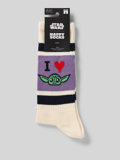 Produktfoto, cremefarbene Socken aus Baumwoll-Mix Modell 'I HEART GROGU' von Happy Socks mit farbigen Streifen, Herz- und Grogu-Motiv, elastisches Rippenbündchen, Label-Detail.