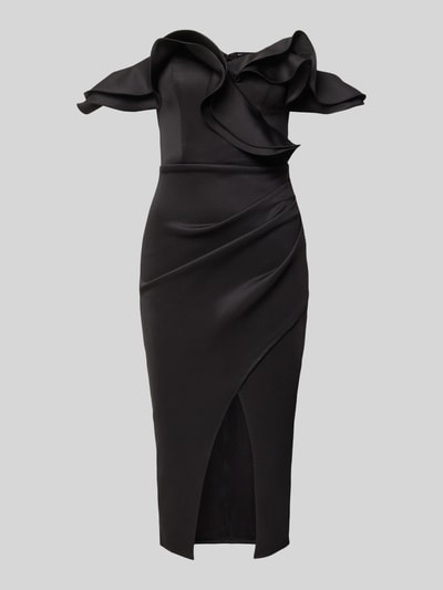 Produktfoto, knielanges Cocktailkleid im Off-Shoulder-Look mit Volants von Lipsy, materiaalmix met stretch, nauw aansluitend model, knielengte, plooien, loopsplit, ruglengte maat 36: 92 cm, borstwijdte maat 36: 33 cm.