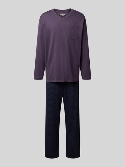 Produktfoto, Relaxed Fit Pyjama-Set aus reiner Baumwolle von SCHIESSER, krój relaxed fit, Dekolt w serek, Brustasza, długi rękaw, materiał bawełna, ciemny fiolet i granat, gładka faktura