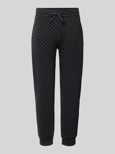 Produktfoto, Sweatpants im Allover-Look mit Logo-Muster Modell 'PANTALONI' von Armani Exchange, dunkelgrau, Baumwoll-Mix mit Stretch, elastischer Bund, Tunnelzug, Regular Fit, Herrenmode
