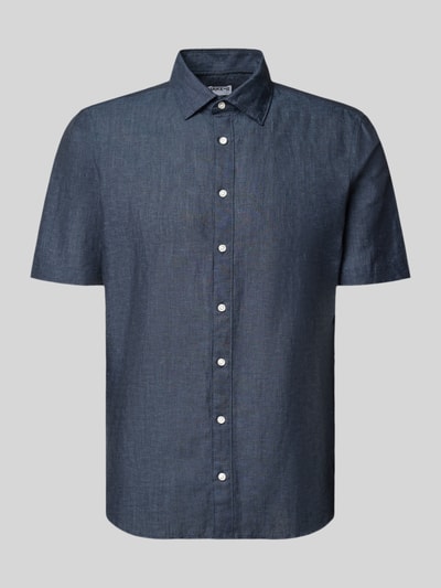 Produktfoto, Slim Fit Freizeithemd aus Leinen-Mix von Jake*s, blau, Kentkragen, Knopfleiste, kurzärmelig, strukturierte Oberfläche