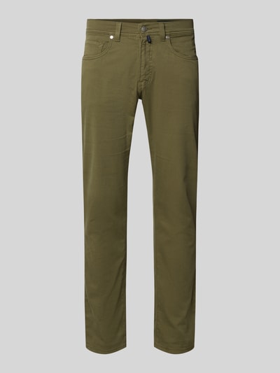Produktfoto, Regular Fit Hose mit Eingrifftaschen Modell 'Lyon' von Pierre Cardin aus Baumwoll-Elasthan-Mix in Olivgrün, glatte Struktur, Herren, Bundweite 41 cm, Innenbeinlänge 80 cm