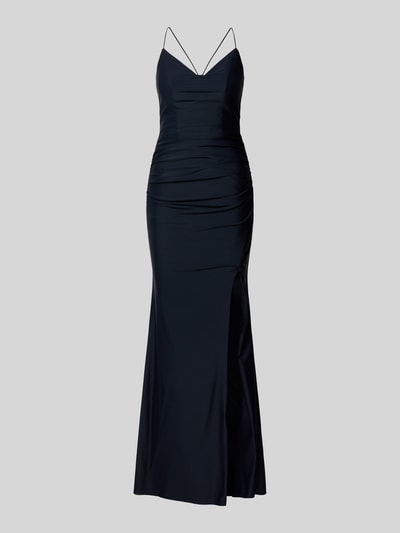 Produktfoto, Slim Fit Abendkleid mit Gehschlitz von Laona w kolorze czarnym, cienkie ramiączka, marszczenia, rozcięcie, krój slim fit, zamek, dekolt na plecach, długość pleców w rozmiarze 36: 22 cm, szerokość w rozmiarze 36: 34 cm, gładka tekstura