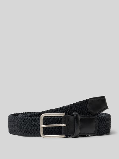 Produktfoto, schwarzer Gürtel mit Dornschließe von Lloyd Men's Belts, klassische Passform, Flechtmuster, 4 cm breit, matt-silberne Schließe.