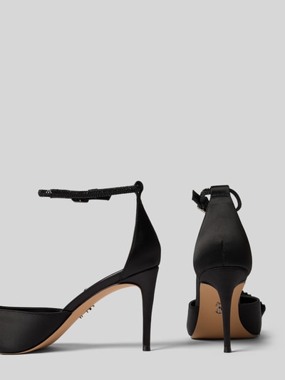 Produktfoto, Brautschuhe mit Strasssteinen Modell 'Last Dance' von Steve Madden, schwarz, Satinoptik, Pfennigabsatz, dünner Riemen, Zierschleife, Absatzhöhe 9 cm, spitz zulaufende Form