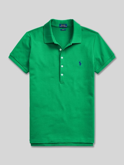 Produktfoto, Slim Fit Poloshirt aus Baumwoll-Mix von Polo Ralph Lauren in Optik: Unifarben mit Logo-Stitching, Polokragen, kurze Knopfleiste, Kurzarm, geschlitztem Rumpfabschluss, Piqué Materialverarbeitung, Farbe grün