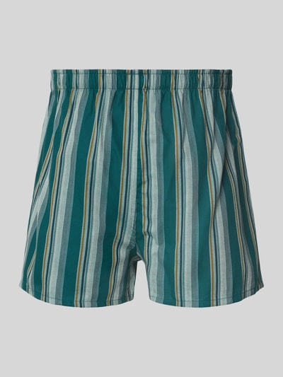 Produktfoto, Regular Fit Boxershorts aus reiner Baumwolle im 2er-Pack von SCHIESSER, grüne und blaue Längsstreifen, elastischer Bund.