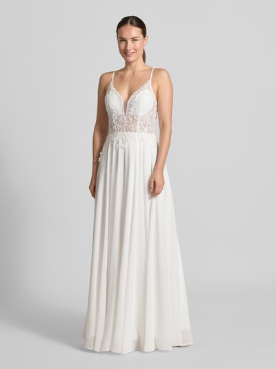 Kobiece modelka nosi Brautkleid mit Ziersteinbesatz od Mascara, kwiatowy wzór, krój taliowany, dekolt w serek, cienkie ramiączka, Długość tyłu w rozmiarze 36: 143 cm, Szerokość w rozmiarze 36: 34 cm, całkowita sylwetka z przodu