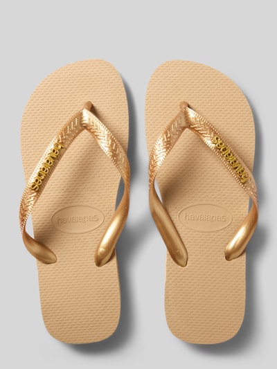 Productfoto, Flip Flop met logodetail van Havaianas, dames teenslippers met afgeronde pasvorm, open hiel, teenslippers, hakhoogte maat 39/40: 1 cm, lichtbruine zool en goudkleurige bandjes met textuur