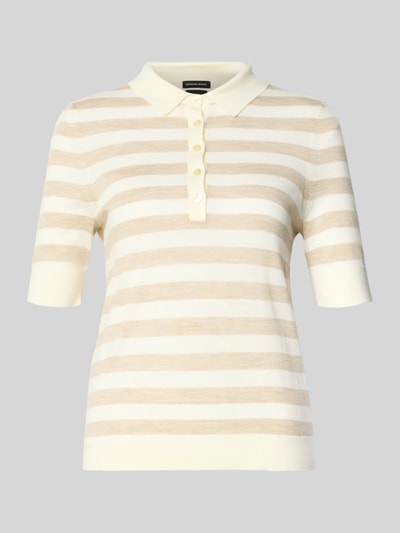 Produktfoto, Regular Fit Poloshirt aus reiner Schurwolle Modell 'FIDENKA' von BOSS, gestreift in Beige und Weiß, Feinstrick, Polokragen, kurze Ärmel