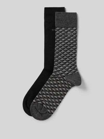 Produktfoto, Socken aus Baumwoll-Mix im 2er-Pack von BOSS, ein Paar mit grauem Allover-Muster, ein Paar uni schwarz, gerippter Bundabschluss.