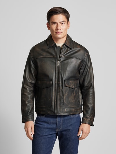 Jack & Jones Premium Leren jack met kentkraag, model 'WALLACE' Donkerbruin - 4