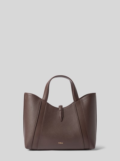 Productfoto, Handtasche mit Applikation Modell 'GOCCIA' van Furla in donkerbruin met open hoofdvak, korte hengsels, verstelbare schouderriem, applicatie, ritsvak binnenin, breedte maat 1: 28 cm, lengte maat 1: 23 cm, diepte maat 1: 11 cm, bandlengte maat 1: 97 cm, fijne leertextuur