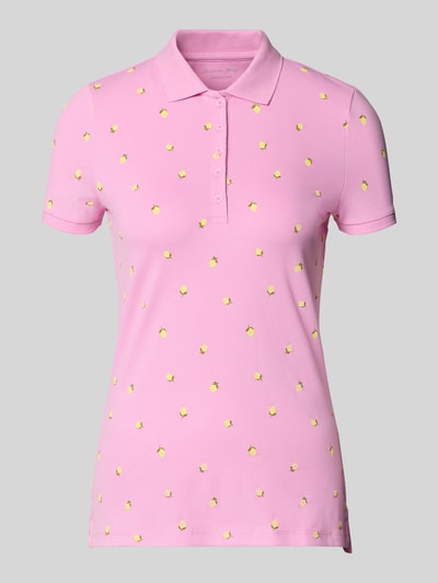 Produktfoto, Regular Fit Poloshirt mit Polokragen und Knopfleiste von Christian Berg Woman in Rosa mit gelben Muster, Baumwoll-Mix mit Stretch-Anteil.
