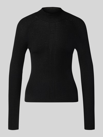 Produktfoto, schwarzer Slim Fit Pullover mit Woll-Anteil von MYON, Stehkragen und Lochmuster, feine Strickstruktur, neutraler Hintergrund.