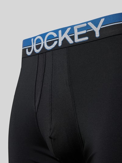 Produktfoto, Slim Fit Slips mit Logo-Stitching im 3er-Pack von Jockey aus Elastischer-Material-Mix, schwarzer Stoff, blauer Elastischer-Logo-Bund