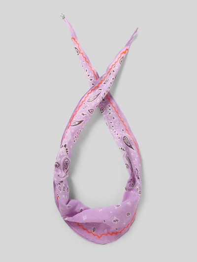 Productfoto, sjaal van katoenmix met zijdemix, rechthoekig model, paisleymotief in lila en rood, model 'Rombous' van Codello, breedte 45 cm, lengte 45 cm